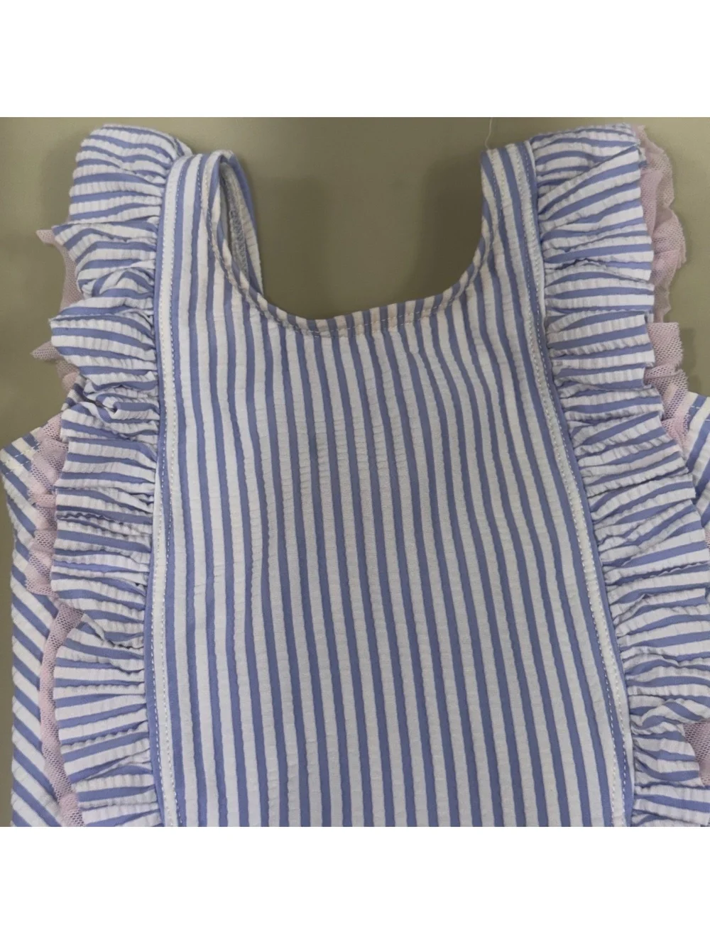 RuffleButts Girls 6-12M Blue Seersucker Ruffle Swimsuit
